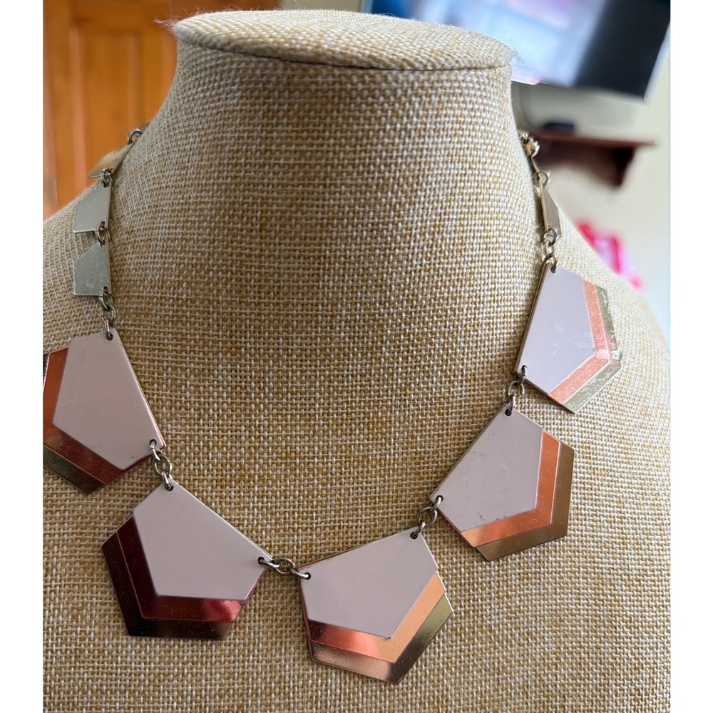 Express Geometric Bib Statement Necklace Tricolor Metallic Gold Silver Rose Gold
